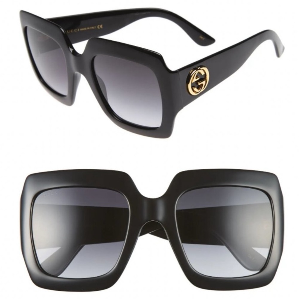 NEW Gucci Black Square Sunglasses Angular Frame Italy Logo Detail NWOT GG0053S